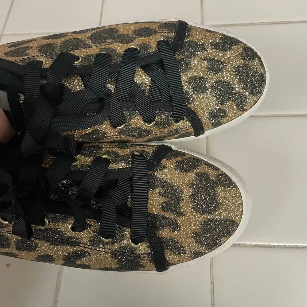 Keds X Kate Spade Glitter Cheetah Print Shoes Kickstart Size 5 Ribbon Laces Shoe